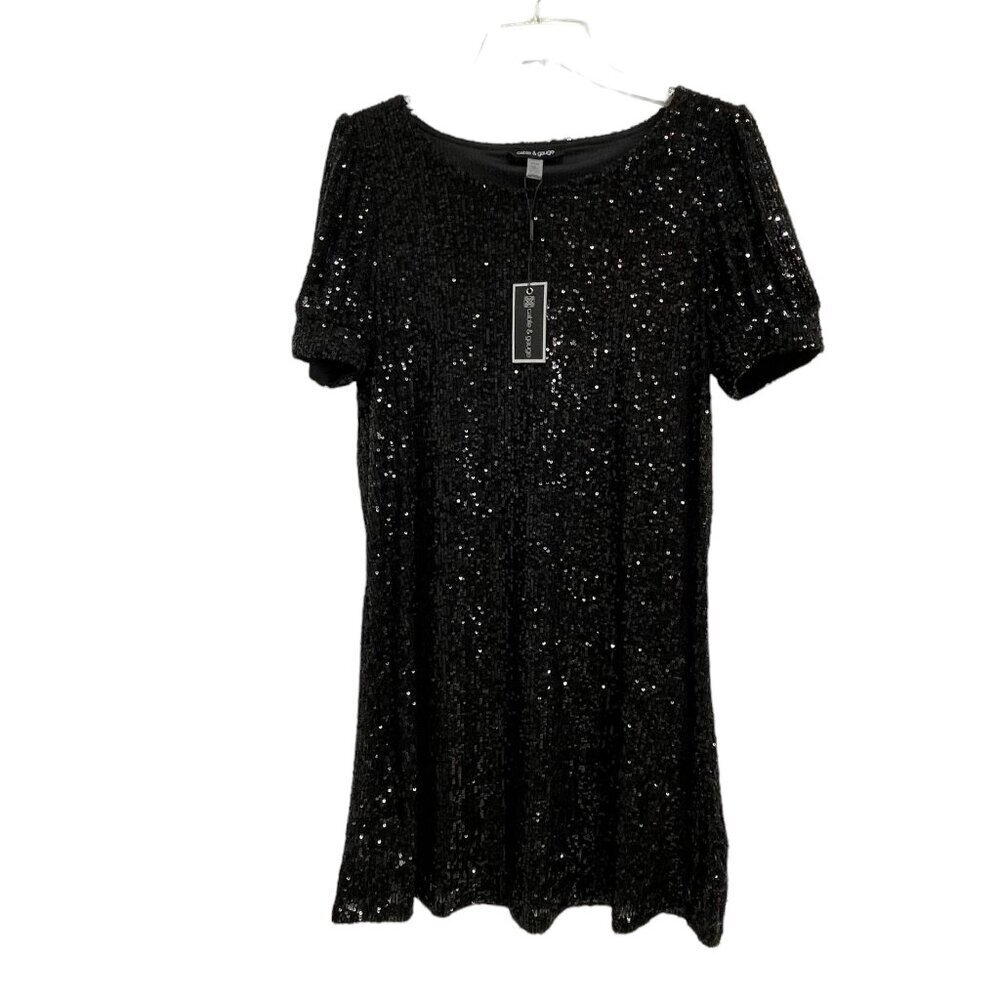 Cable & Gauge Black Sequined Beaded Short Sleeve Lined Dress Size L NWT New - Picture 2 of 12